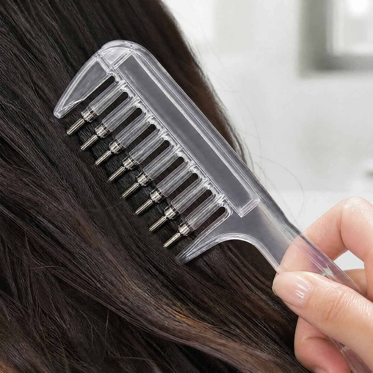 Peine aplicador de aceite, en uso sobre el cabello